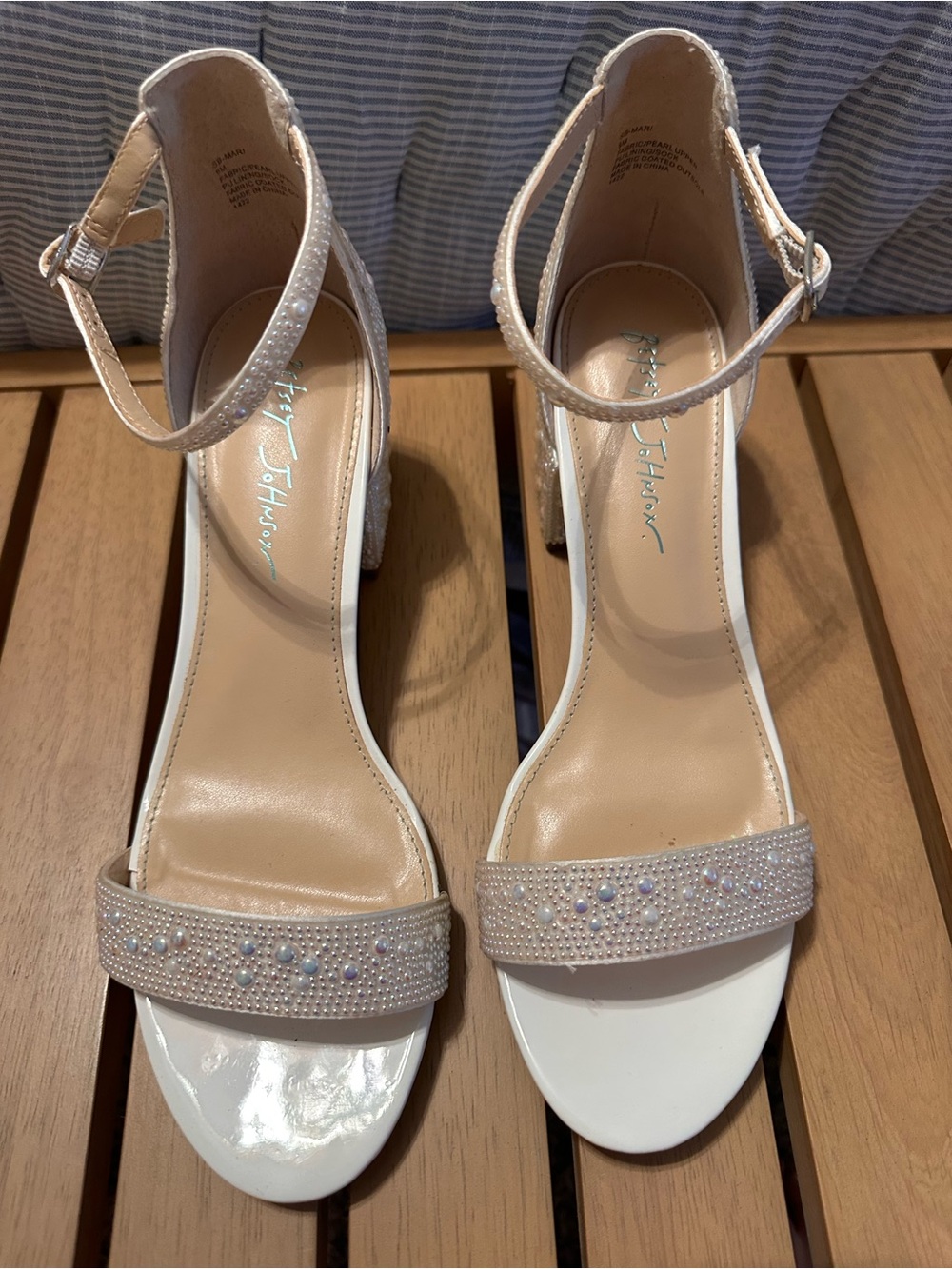 Betsey Johnson Pearl-Embellished White Ankle-Strap Heels